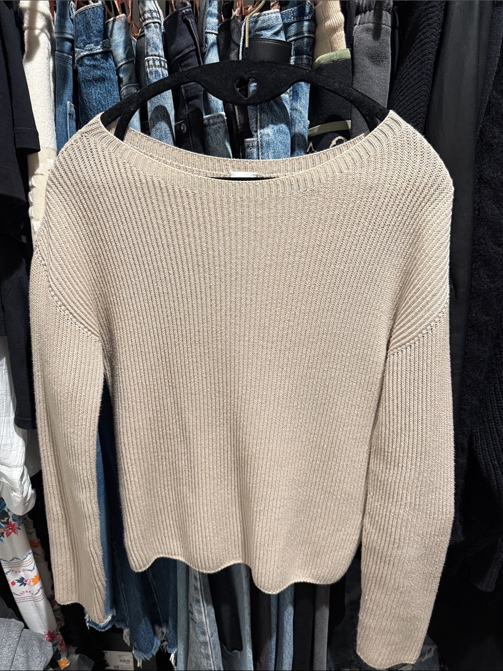 MaxMara Off-the-Shoulder Ribbed Sweater in Beige